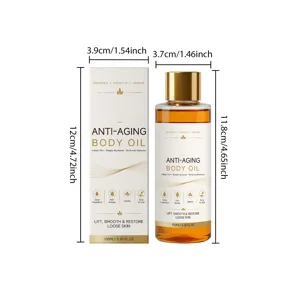 Anti-Aging-Körperöl-Detail mit Produktflasche, Verpackungskarton und genauen Abmessungen.