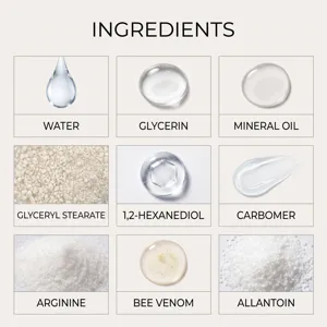 Bee venom skincare cream ingredients detailed view showing natural active components and smooth textures.