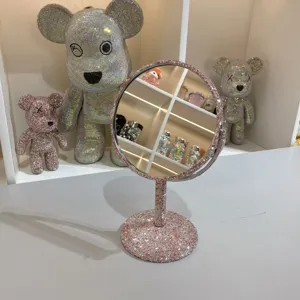 Glitzernder Make-up Spiegel Strass Tischspiegel drehbarer Kosmetikspiegel in Rosa Geschenk