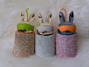 Rhinestone bunny ear insulated water bottle detail, portable stainless steel thermos cup.