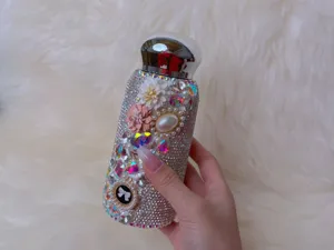 Rhinestone stainless steel thermos 260ml, handmade daisy pearl bling water bottle detail.