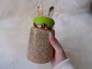 Bling Rhinestone Bunny Ear Thermos Cup 300ml Stainless Steel Portable Travel Water Mug