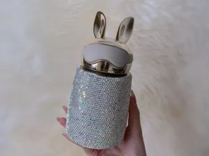 Bling rhinestone bunny ear thermos cup 300ml stainless steel portable vacuum flask for women