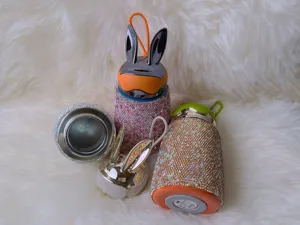 Stainless steel rhinestone insulated thermos bottle with cute rabbit ears design, 300ml.