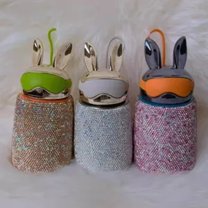 Stainless Steel Vacuum Flask Cute Rabbit Ear Rhinestone Insulated Water Bottle Portable Travel Thermos Cup