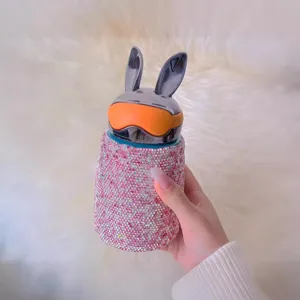 Rhinestone stainless steel thermos cup with cute bunny ears, portable 300ml insulated water bottle.