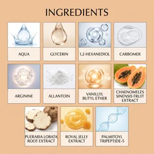 Tabella dettagliata degli ingredienti dell'olio per la cura del seno con estratti naturali.
