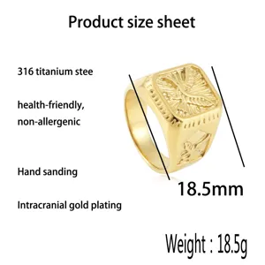 Stainless steel eagle ring for men, gold vintage signet ring size 18.5mm, 316 steel.