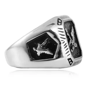 Stainless steel flying eagle ring detail shot, vintage punk style men's titanium jewelry.