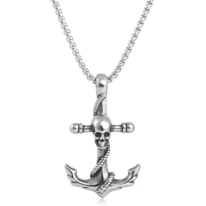 Stainless steel skull anchor necklace punk hip hop pendant jewelry detail view for men