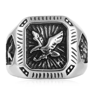 Detailed close-up of men's stainless steel retro eagle ring with cool punk rock design.