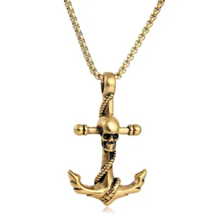 Punk titanium steel skull anchor pendant necklace for men hip hop statement jewelry accessory