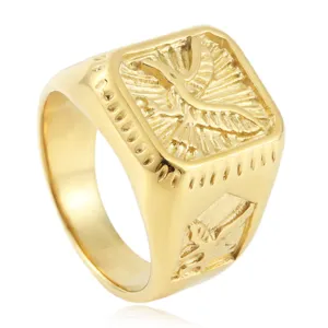 Gold stainless steel mens signet ring eagle relief fashion jewelry accessory for men