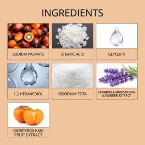 Gedetailleerd ingrediëntenoverzicht van de zeep met palmolie-extract, lavendel en kaki.