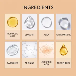Gros plan montrant les ingrédients du produit et les textures cosmétiques variées.