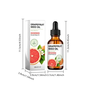 Grapefruitkern Körperöl Detailansicht zeigt klare Abmessungen, Tropfflasche und Verpackung.