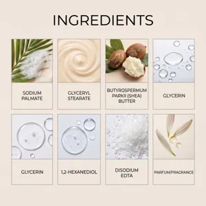 Ingredienti del sapone detergente delicato che mostrano elementi nutrienti naturali e formule sicure.