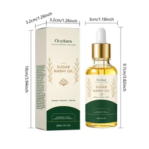 OceAura Körperpflegeöl Produktdetailansicht mit Flaschenabmessungen, Verpackung und Kapazität.