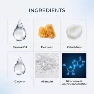 Ingredient detail view showing mineral oil, beeswax, and active components for body patch.