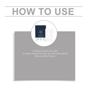 Body care patch detail view showing product packaging and clear step-by-step usage instructions.