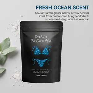 OceAura sea salt hard wax beads for coarse hair removal, smooth skin care with fresh scent.