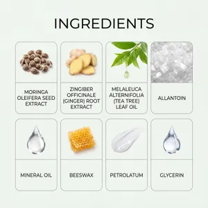 Body care patch ingredient detail chart featuring natural extracts and soothing botanical oils.
