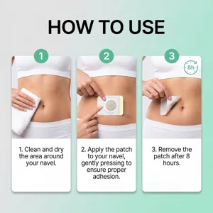 Step-by-step instruction guide detailing how to properly apply body care patch on navel.