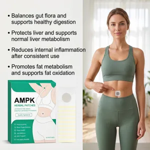 Detailed view of herbal body patch application on abdomen with natural soothing ingredients.