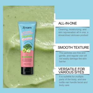Vista detallada del tubo exfoliante con pasta verde suave y descripciones de funciones clave.