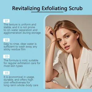 Vista detallada que muestra beneficios del exfoliante, textura estable y fácil aclarado.