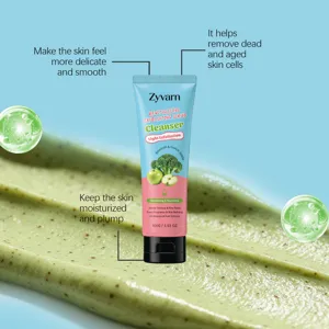 Detalle del tubo de exfoliante facial de manzana y brócoli Zyvarn con textura.