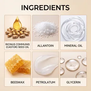 Infographie des ingredients cosmetiques naturels avec huile de ricin, cire d'abeille et glycerine.