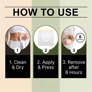 Graphique détaillé des instructions de patch corporel à l'huile de ricin pour soin quotidien.