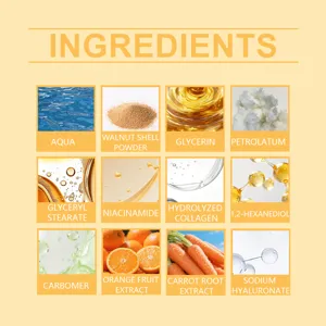 Detailed ingredient infographic showing natural extracts and core skincare components for body scrub.