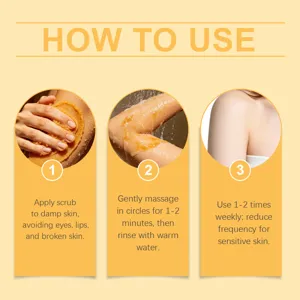 Step-by-step body scrub usage guide graphic for gentle exfoliation and smooth skin care.