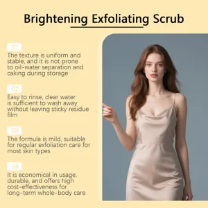 Body exfoliating scrub detail graphic featuring model and product benefits overview.