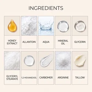 Detaillierte Inhaltsstoffübersicht mit Honigextrakt, Glycerin und natürlichem Talg.