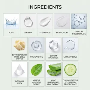 Detailed ingredient breakdown chart for hair removal cream showing active cosmetic components.