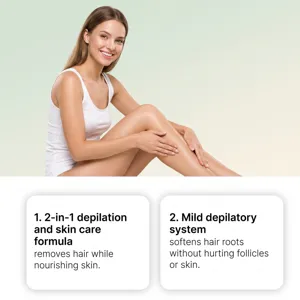 Gentle hair removal cream for smooth legs and arms, 2-in-1 formula nourishes skin effectively.