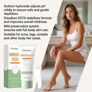 Detail view of OceAura gentle hair removal cream with smooth formula for whole body use.