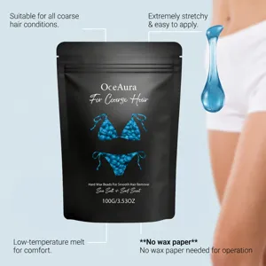 OceAura hard wax beads for smooth hair removal, gentle sea salt scent formula for home waxing.