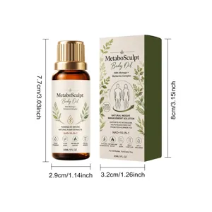 Detailansicht der MetaboSculpt Körperöl Flasche und grünen Verpackung mit Abmessungen.