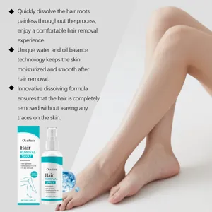 Detalle de spray depilatorio OceAura con fórmula suave, frasco de 50ml y piel suave.