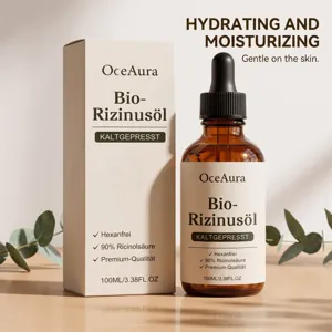 Détail de l'huile de ricin bio OceAura, huile de massage hydratante pour le corps.