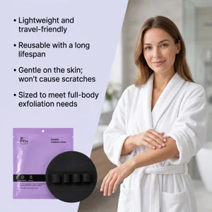 Detail shot of exfoliating bath towel and packaging, designed for deep body cleaning and smooth skin.