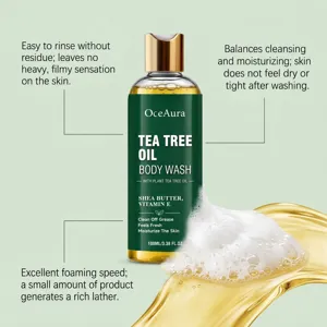 Dettaglio bagnoschiuma all'olio di melaleuca con schiuma ricca, pulizia e idratazione pelle.