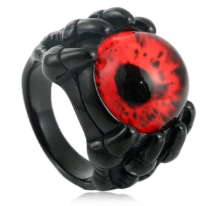 Gothic dragon claw stainless steel ring featuring striking red evil eye gemstone.