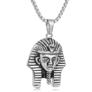 Stainless steel retro Egyptian Pharaoh pendant necklace close up product detail view.