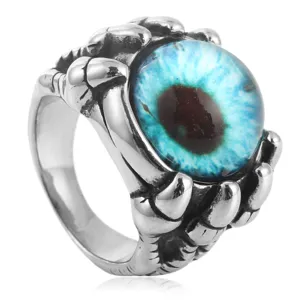 Stainless steel punk dragon claw evil eye ring detail view, gothic vintage statement jewelry.