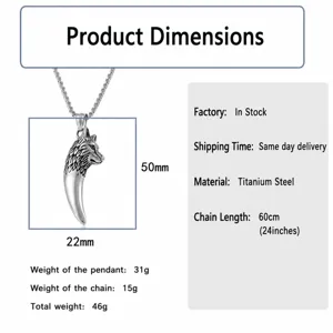 Collier pendentif dent de loup en acier titane pour hommes, style rétro punk gothique bijoux.